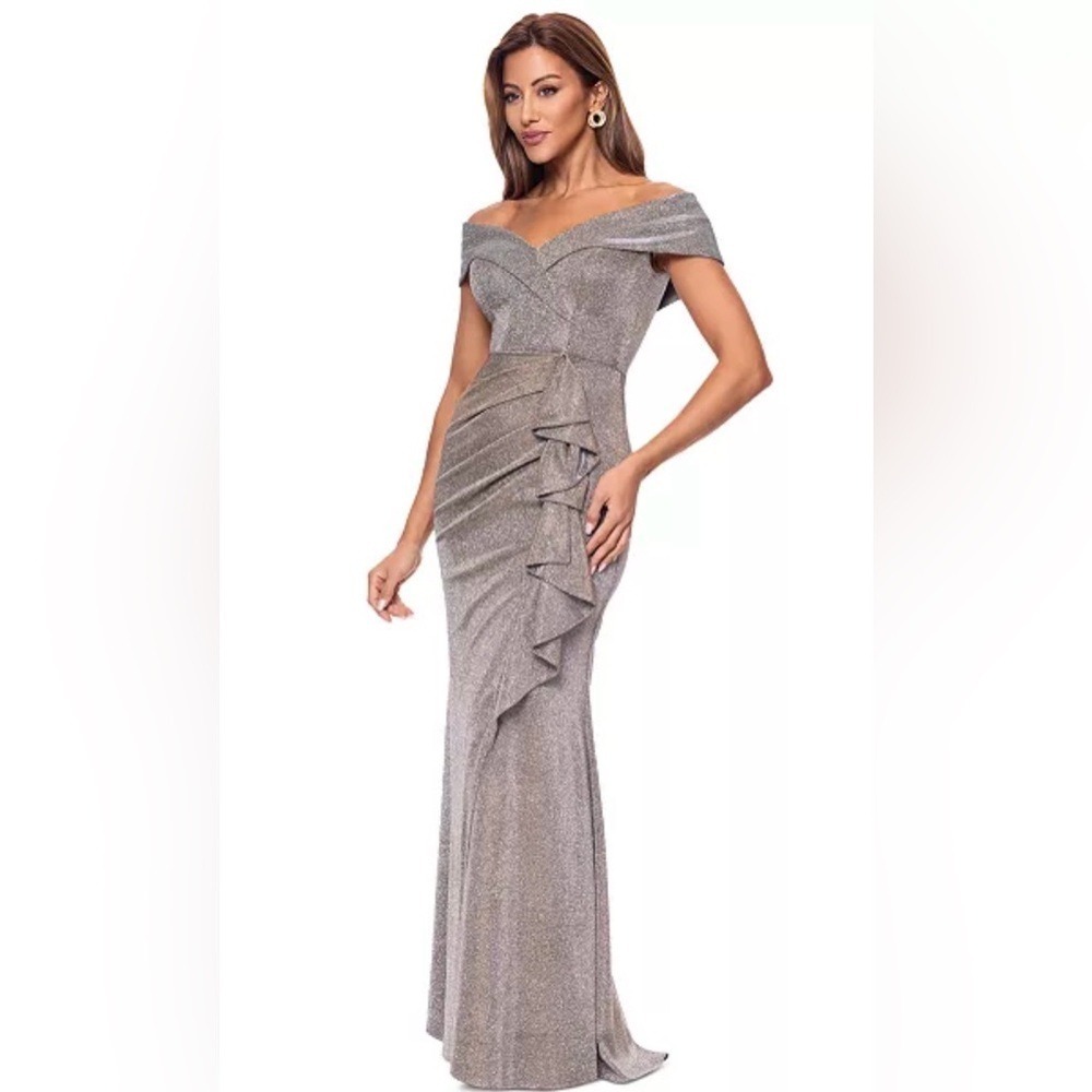 XSCAPE Womens cascade Metallic Off Shoulder Ruffle Front Gown Formal‎ Dress 10